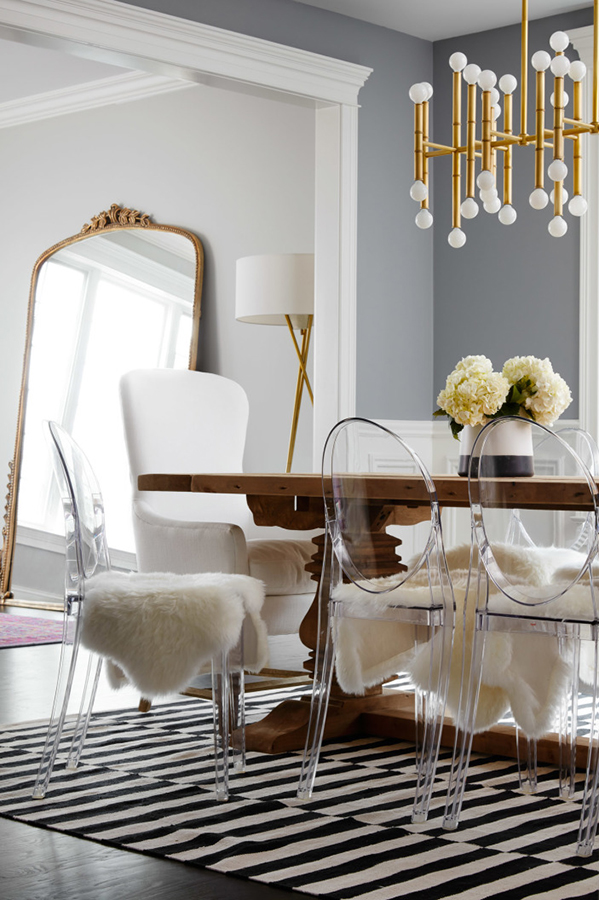 See-through furniture such as lucite (ghost) chairs and glass tables trick the eye into thinking there is more open space than there actually is