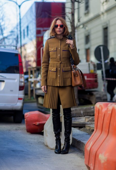 STYLECASTER | How to Wear Clashing Colors | Army Green Coat and Matching Skirt