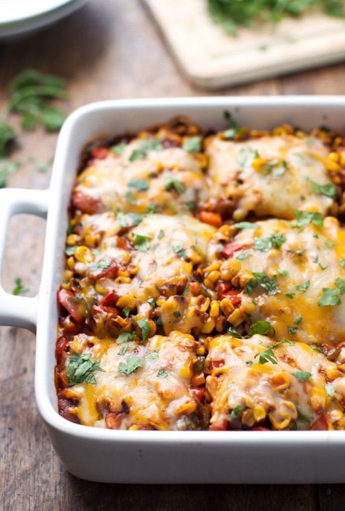 Healthy Mexican casserole with roasted corn & peppers