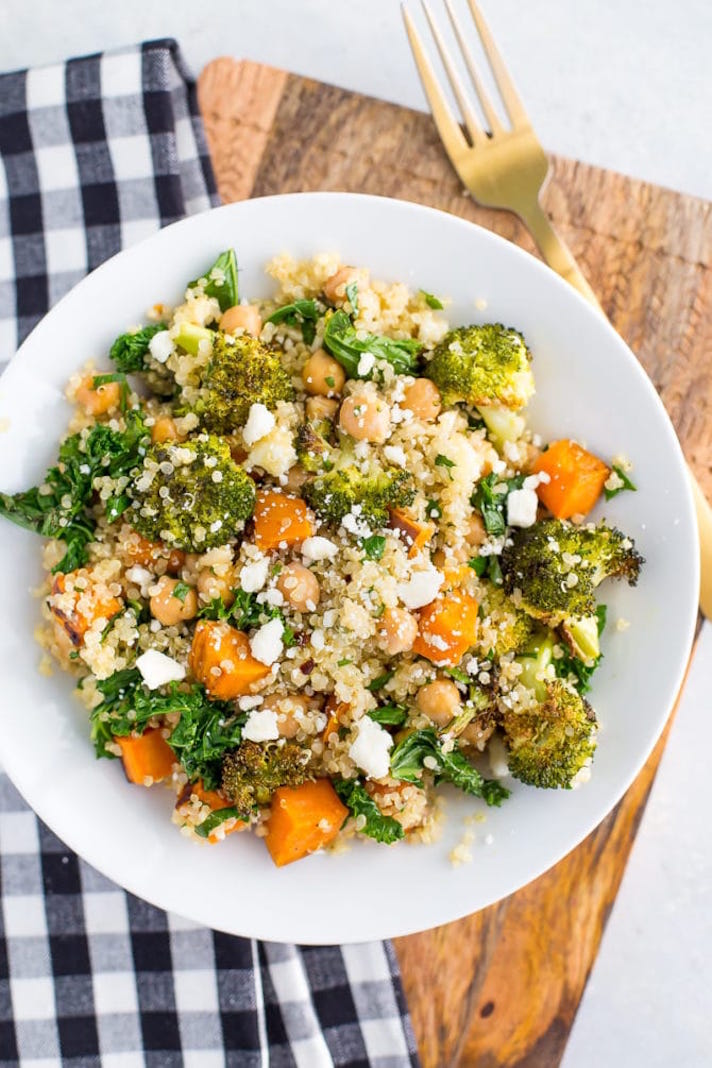 STYLECASTER | 17 Healthy-ish Dinner Recipes for People Who Love Cheese | Roasted Broccoli, Kale, and Quinoa Salad