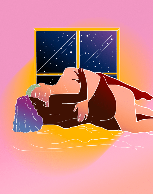 A drawing of a couple in an intimate embrace on a bed