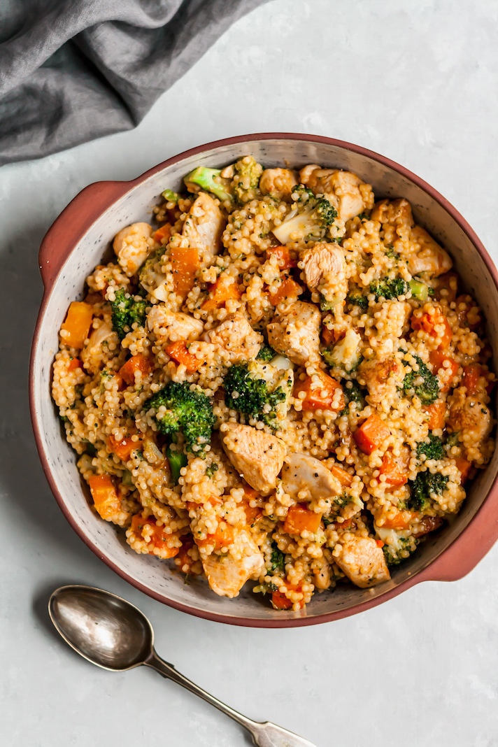 STYLECASTER | Easy Weeknight Chicken Recipes That Are Perfect for Fall | Roasted Butternut Squash, Broccoli, and Cheddar Cous Cous