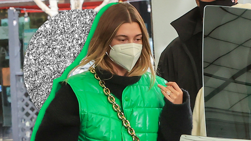 STYLECASTER | Hailey Bieber Green Puffer Vest