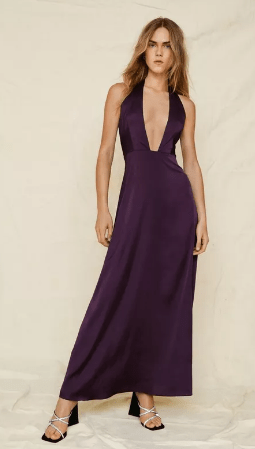 Satin Halter Low Back Plunge Maxi Dress