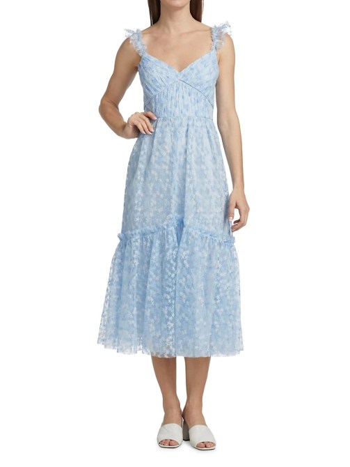 ML Monique Lhuillier Floral Embroidered Mesh Midi Dress Saks