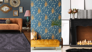 Three maximalist living room photos spliced together