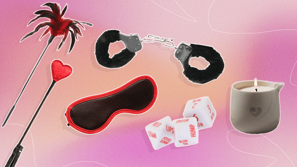 A collage of foreplay toys, including handcuffs, a blindfold, foreplay dice, a massage candle, and more