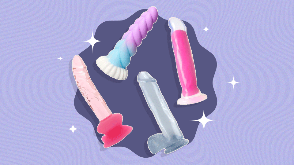 A collage featuring four suction-cup dildos