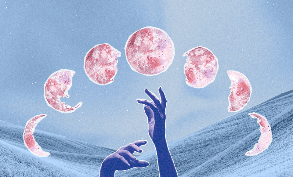 A bluish pair of hands reaching up toward a series of pink lunar phases over a light blue background