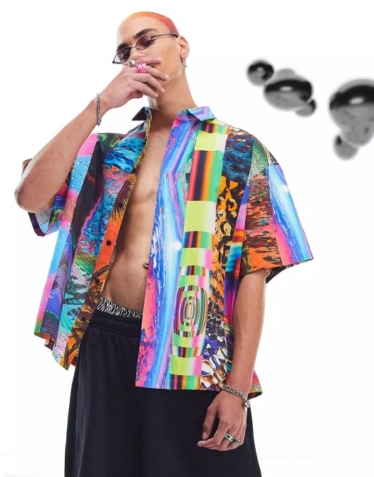 ASOS DESIGN boxy oversized shirt in bright patchwork print