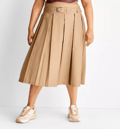Belt Buckle Pleated Midi Skirt