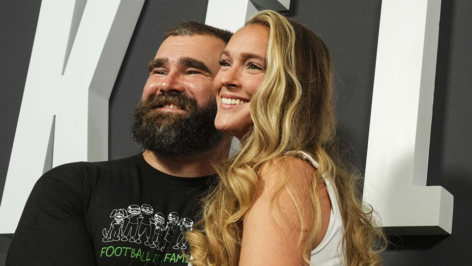 Jason Kelce poses for a photo with Kylie Kelce at the “Kelce” documentary premiere, Friday, Sept. 8, 2023, in Philadelphia. (Cooper Neill/Amazon)