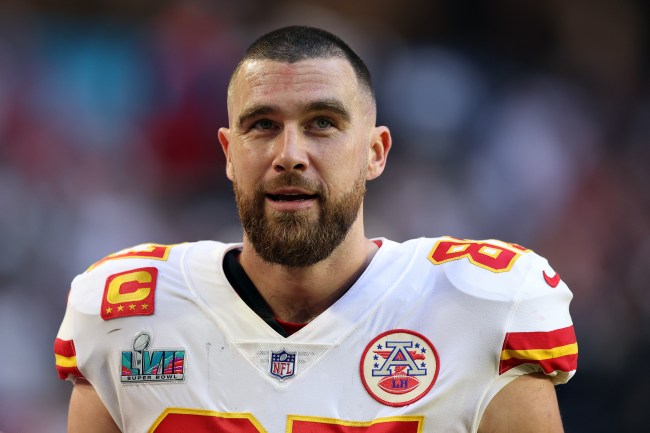GLENDALE, ARIZONA - FEBRUARY 12: Travis Kelce #87 of the Kansas City Chiefs looks on against the Philadelphia Eagles during the second quarter in Super Bowl LVII at State Farm Stadium on February 12, 2023 in Glendale, Arizona. (Photo by Christian Petersen/Getty Images)