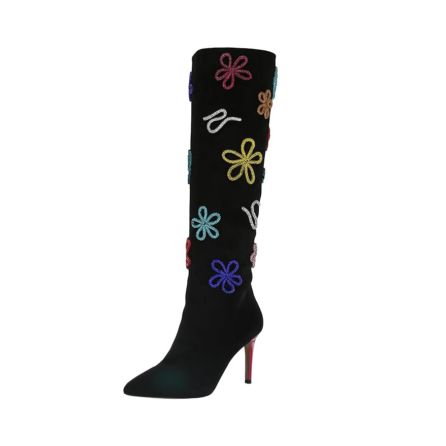 tall knee-high boots with floral embellishments