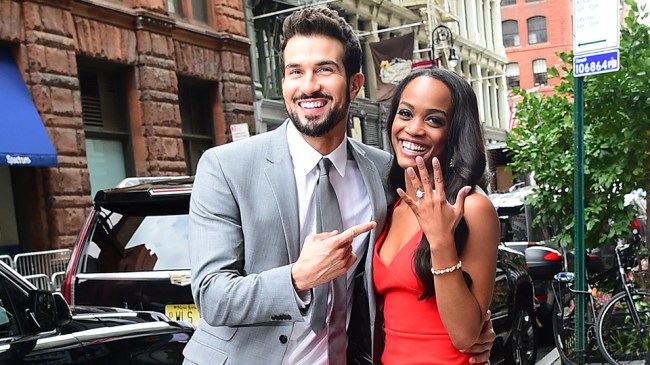NEW YORK, NY - AUGUST 08:  Bachelorette's Rachel Lindsay and her fiance, Bryan Abasolo arrive at "Aol Live" on August 8, 2017 in New York City.  (Photo by Raymond Hall/GC Images)