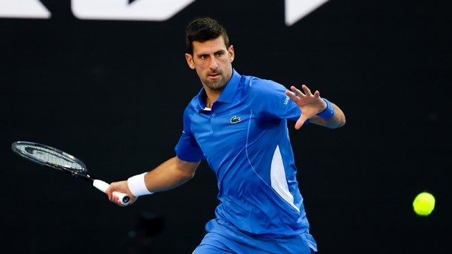 Novak Djokovic of Serbia plays Stefanos Tsitsipas of Greece during a charity match ahead of the 2024 Australian Open at Melbourne Park on January 11, 2024 in Melbourne, Australia.