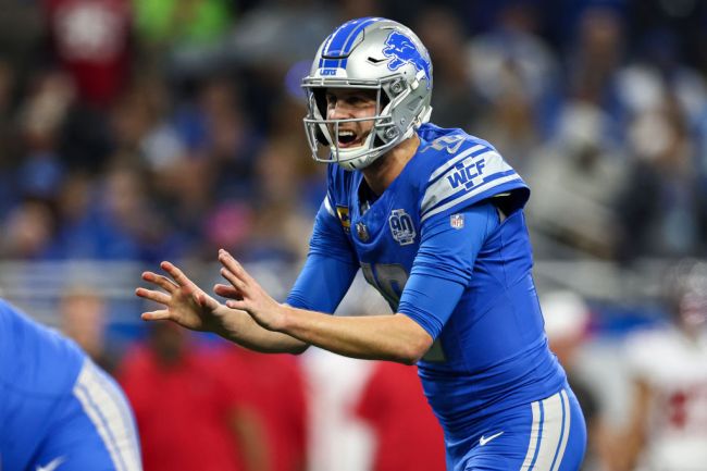 Jared Goff #16 of the Detroit Lions lines up before a play during an NFL divisional round playoff football game against the Tampa Bay Buccaneers at Ford Field on January 21, 2024 in Detroit, Michigan.