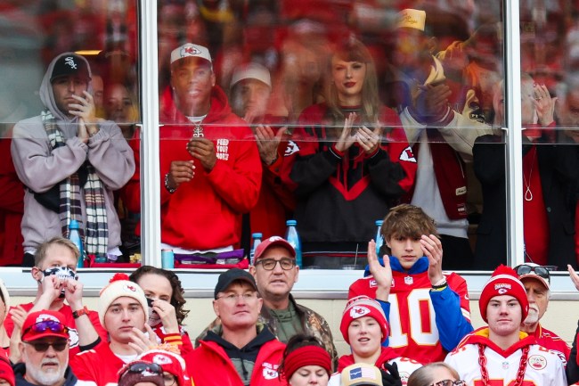 Taylor Swift, in a Chiefs sweatshirt, looks on during the Bills vs. Chiefs game