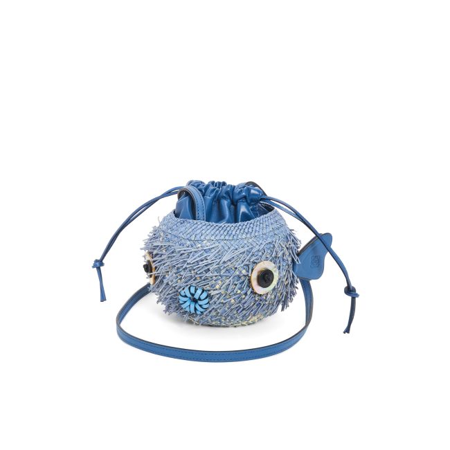 Cornflower blue calfskin leather drawstring blowfish bag