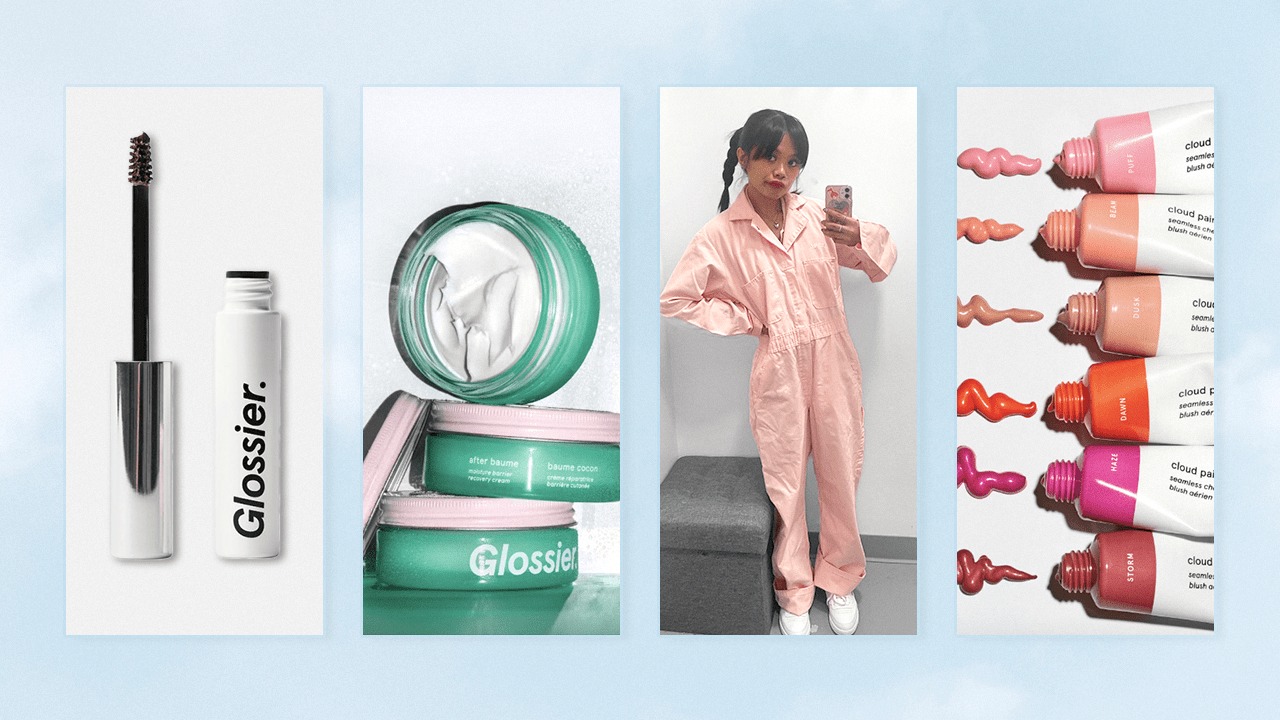 Writer pictured in the middle of Glossier products: Boy Brow, After Baume, and Cloud Paint