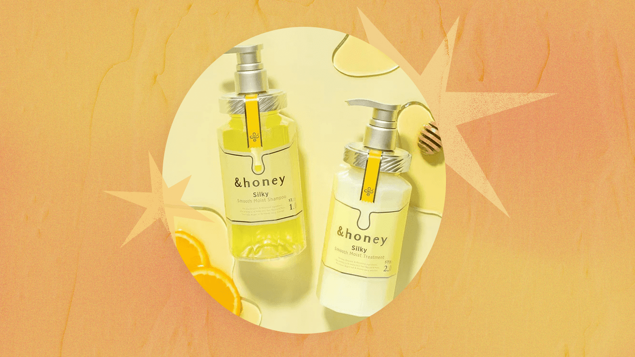 &Honey Silky shampoo and conditioner in a circle surrounded by gradient and two stars