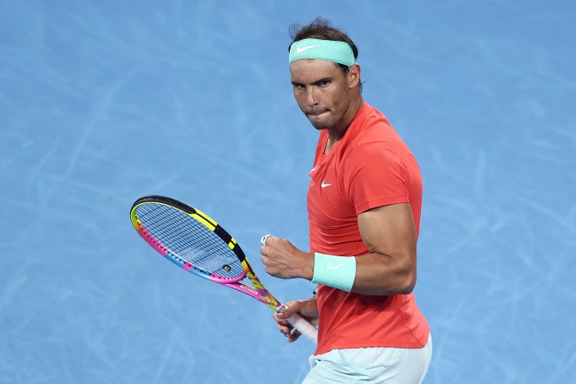 Rafael Nadal of Spain celebrates in his match against Jordan Thompson of Australia  during day six of the  2024 Brisbane International at Queensland Tennis Centre on January 05, 2024 in Brisbane, Australia.