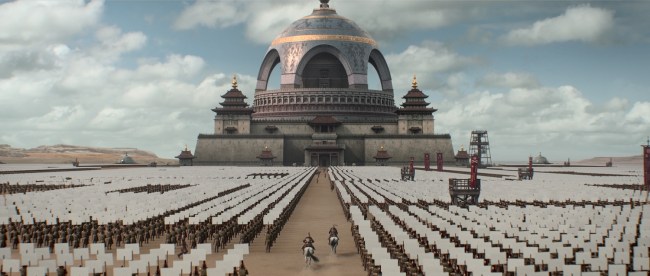Three Body Problem on Netflix. Wide shot of soldiers standing in formation in front of a religious temple. 