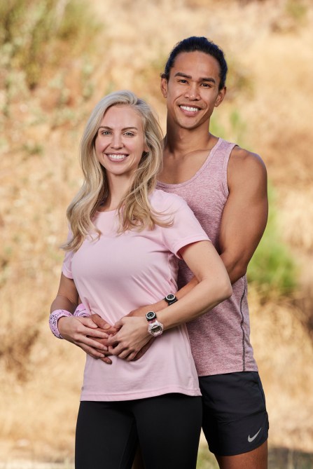 Amber Craven, a white woman with blonde hair and Vinny Cagungun, a Southeast Asian man with brown hair wearing matching pink athletic wear