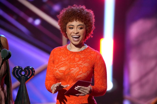 Ice Spice speaks onstage during the 2023 iHeartRadio Music Awards at Dolby Theatre on March 27, 2023.