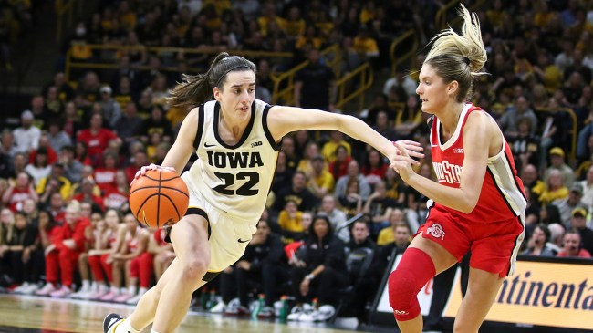 IOWA CITY, IOWA- MARCH 3: Guard Caitlin Clark #22 of the Iowa Hawkeyes goes to the basket during the second half against guard Jacy Sheldon #4 the Ohio State Buckeyes at Carver-Hawkeye Arena on March 3, 2024 in Iowa City, Iowa. (Photo by Matthew Holst/Getty Images)
