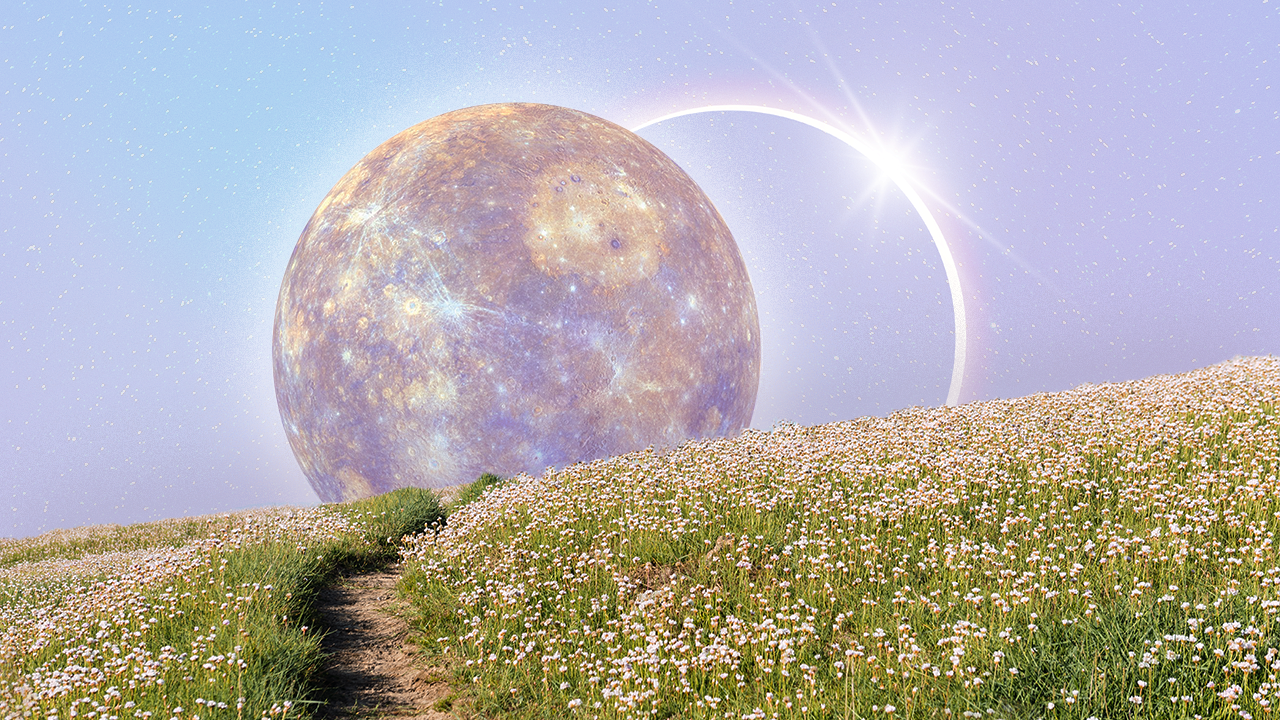 A total solar eclipse peeping up behind Mercury retrograde in front of a springtime natural setting during Aries season
