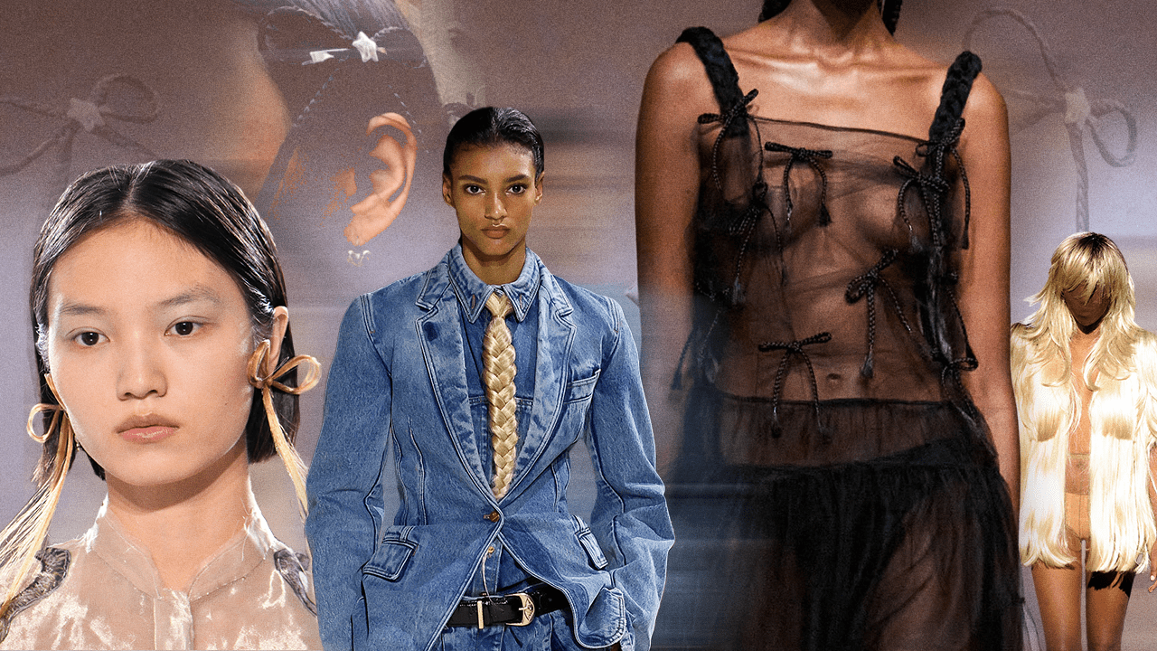 A model wearing bow earrings made of hair, a model wearing a neck tie made of braided hair, braided hair bows on a dress, and a model wearing a coat made of hair.