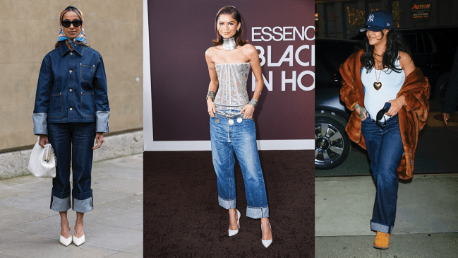 A London Fashion Week guest, Zendaya, and Rihanna wearing cuffed jeans.