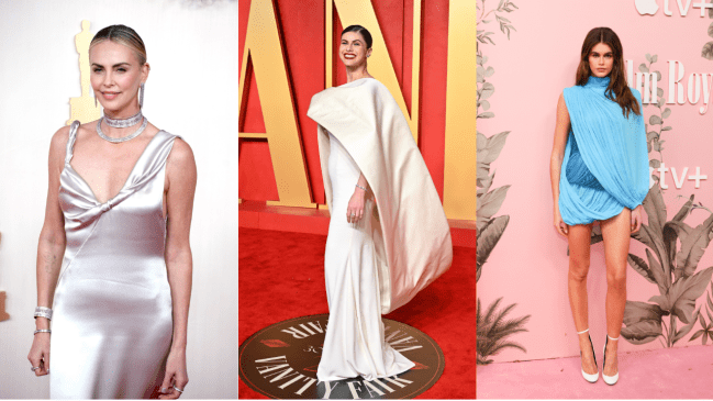 Celebs wearing drapey dresses for Spring 2024.