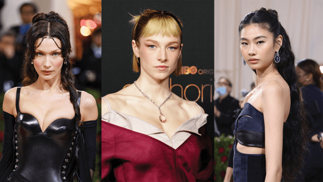 Bella Hadid, Hunter Schafer, and Jung Ho-yeon wearing half-up half-down hairstyles.