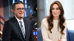 Stephen Colbert, a white man with black hair and glasses wearing a suit. Kate Middleton a white woman with brown hair wearing a beige dress.