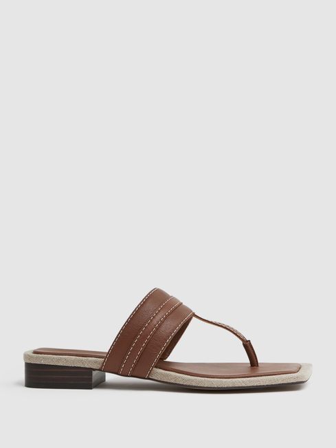 TAN LEATHER STRAP THONG SANDALS