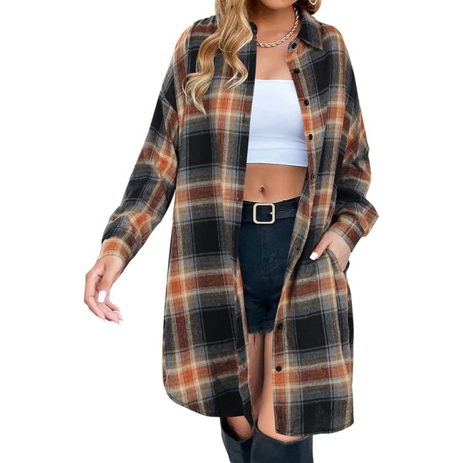 Blooming Jelly Button Down Flannel Shirts Plaid Shacket in sandy brown and black plaid