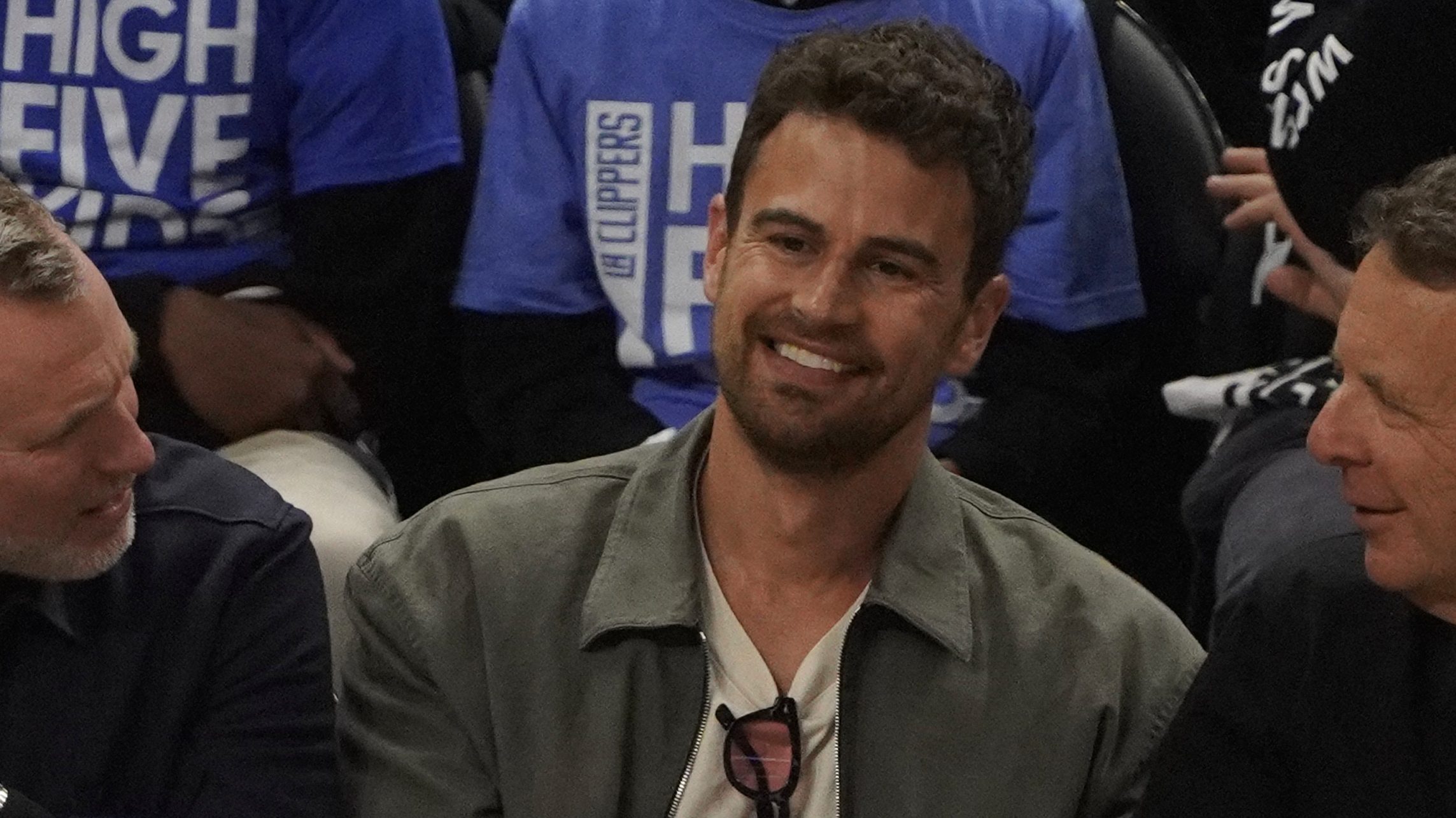Theo James (C) seen at game 2 of the 2024 NBA Playoffs between the Los Angeles Clippers and the Dallas Mavericks game at Crypto.com Arena on April 23, 2024 in Los Angeles, California.