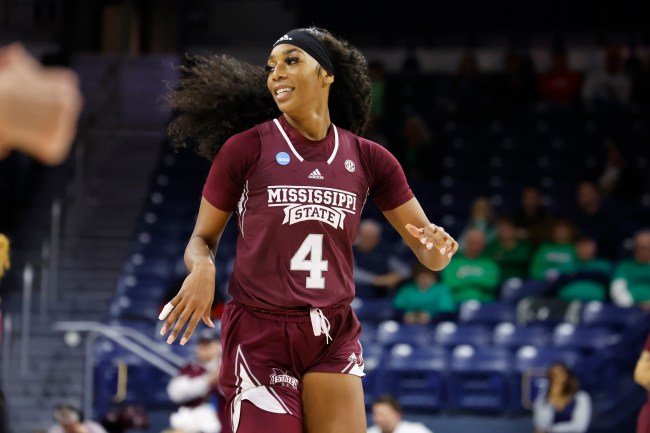 SOUTH BEND, IN - MARCH 17: Mississippi State Bulldogs forward Jessika Carter (4) during the Mississippi State Bulldogs game versus the Creighton Bluejays game in the First Four of the NCAA Women's Basketball Championship Greenville Regional 1 on March 17, 2023 at Purcell Pavilion in South Bend, IN.