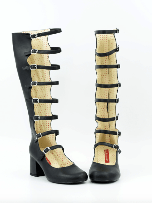 BAIT Footwear Cadance Mod Strap Black, black 60s inspired knee high boots with straps.