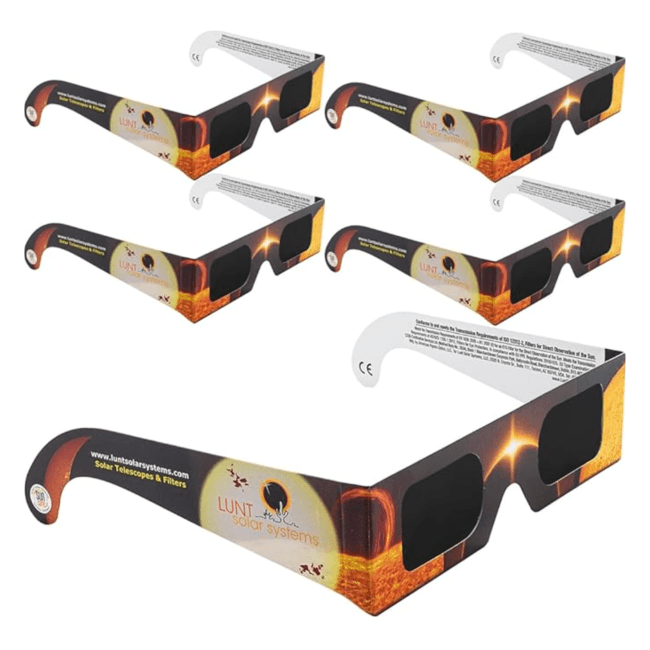 Five pairs of solar eclipse glasses