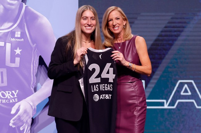 Kate Martin poses with WNBA Commissioner Cathy Engelbert after being selected 18th overall pick by the Las Vegas Aces during the 2024 WNBA Draft at Brooklyn Academy of Music on April 15, 2024 in New York City.