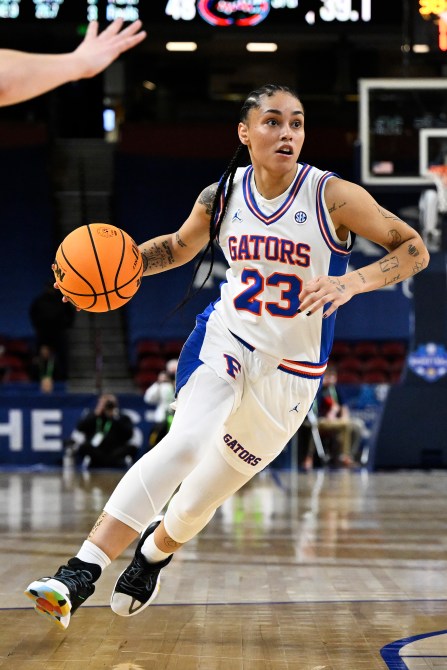 Leilani Correa #23 of the Florida Gators drives to the basket against the Missouri Tigers in the third quarter during the first round of the SEC Women's Basketball Tournament at Bon Secours Wellness Arena on March 06, 2024 in Greenville, South Carolina.