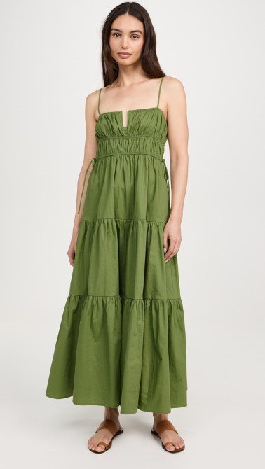 Moon River Shirred Midi Dress in green