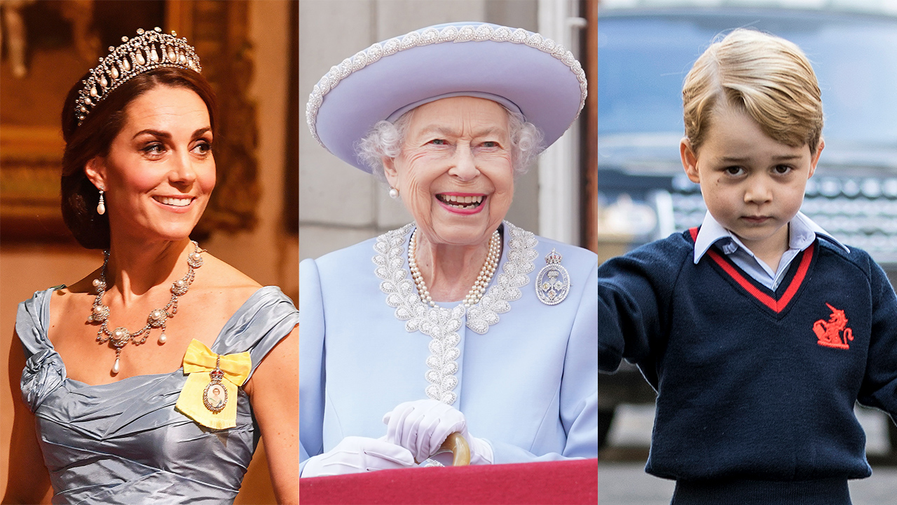 The 8 Royal Family Dress Code Rules You Didn't Know About 
Kate Middleton, a white woman with brown hair wearing a dress, Queen Elizabeth with hat and suit, Prince George with sweater