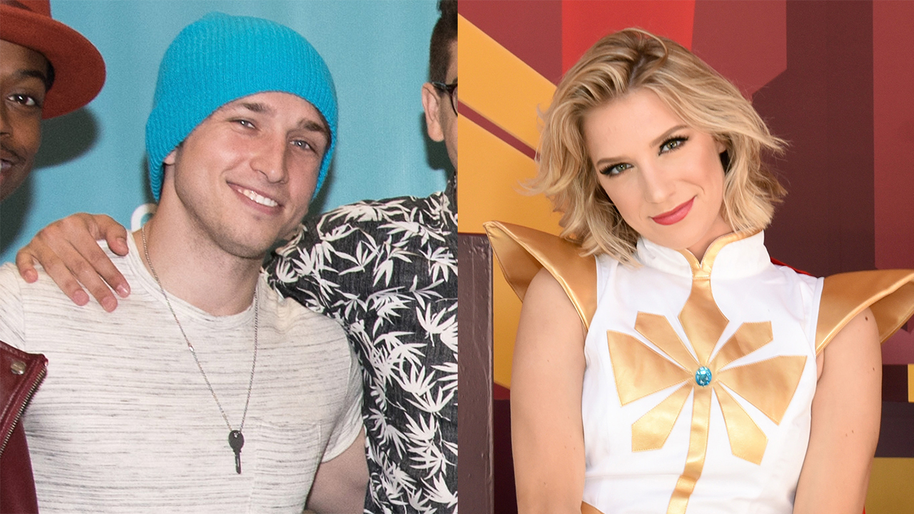 Shayne Topp, a white man with a beanie wearing a white shirt and Courtney Miller, a white woman with blonde hair and wearing a white outfit.