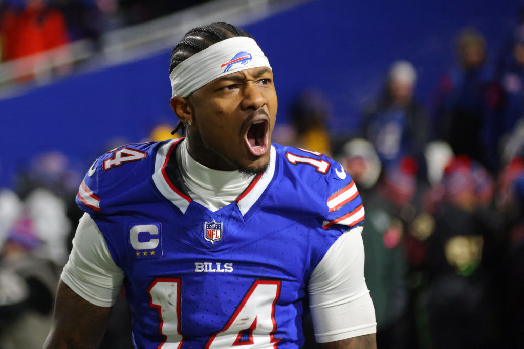 Stefon Diggs #14 of the Buffalo Bills reacts during the AFC Divisional Playoff game against the Kansas City Chiefs at Highmark Stadium on January 21, 2024 in Orchard Park, New York.
