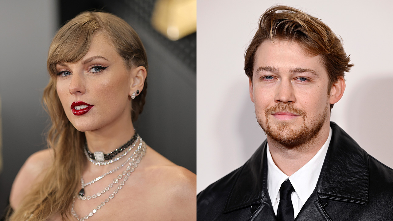 Taylor Swift, white woman with blonde hair, Joe Alwyn, man with brown and blonde hair waearing a suit