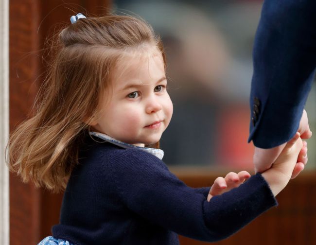 Princess Charlotte of Cambridge arrives with Prince William, Duke of Cambridge at the Lindo Wing of St Mary's Hospital to visit her newborn baby brother on April 23, 2018 in London, England. The Duchess of Cambridge delivered a boy at 11:01 am, weighing 8lbs 7oz, who will be fifth in line to the throne.